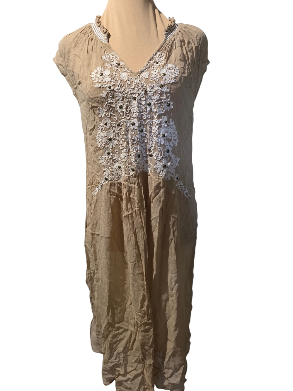 Beige Embroidered V-Neck Boho Slit Dress